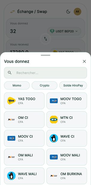 Capture de l'application HiroPay montrant l'interface d'achat et de vente crypto