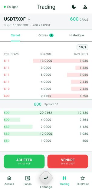 Capture de l'application HiroPay montrant l'interface de trading